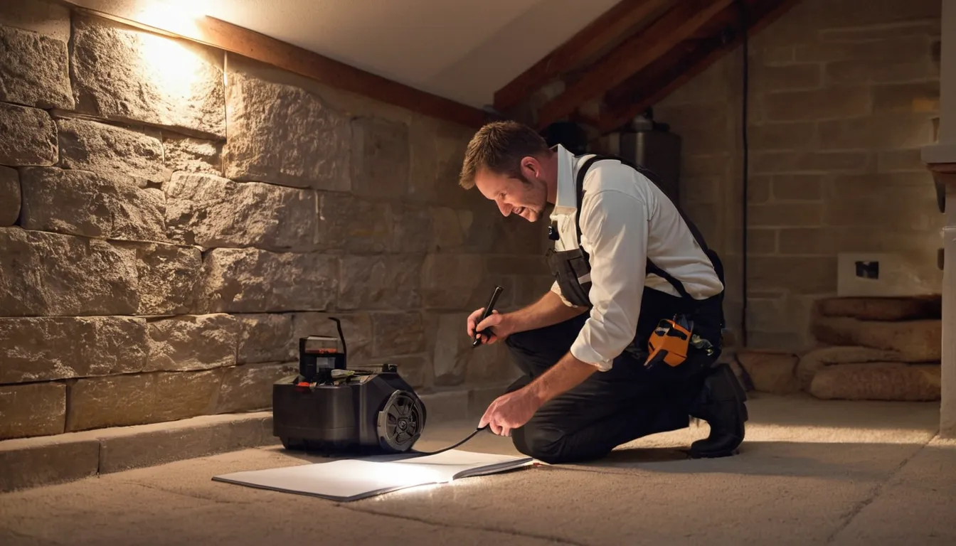 A provider in work clothes inspecting a basement foundation wall with a flashlight in a Stamford home